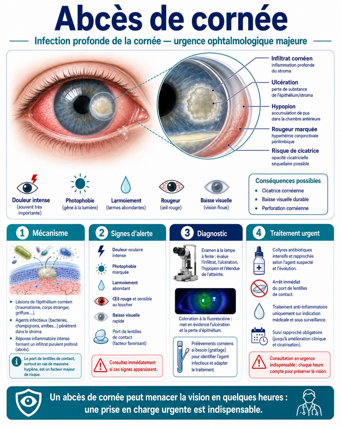 Infographie : abcès de cornée — urgence, mécanisme, signes, traitement