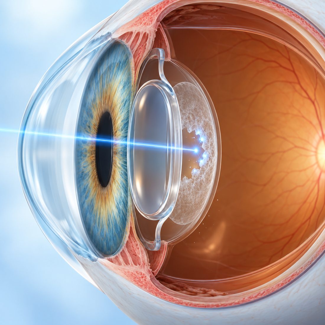 Illustration : cataracte secondaire — opacification de la capsule derrière l’implant et traitement par laser YAG