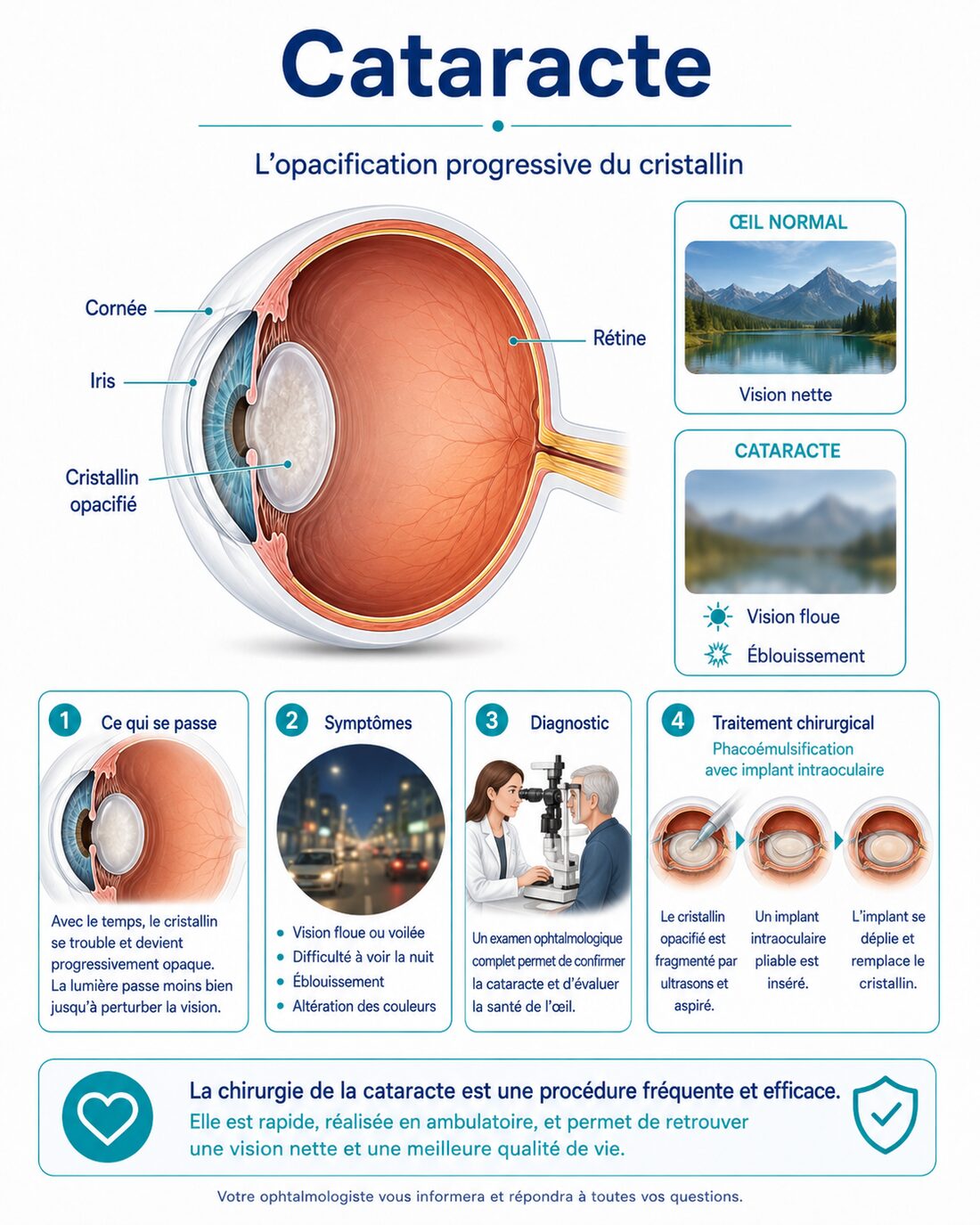 Infographie : cataracte — symptômes, chirurgie, implant