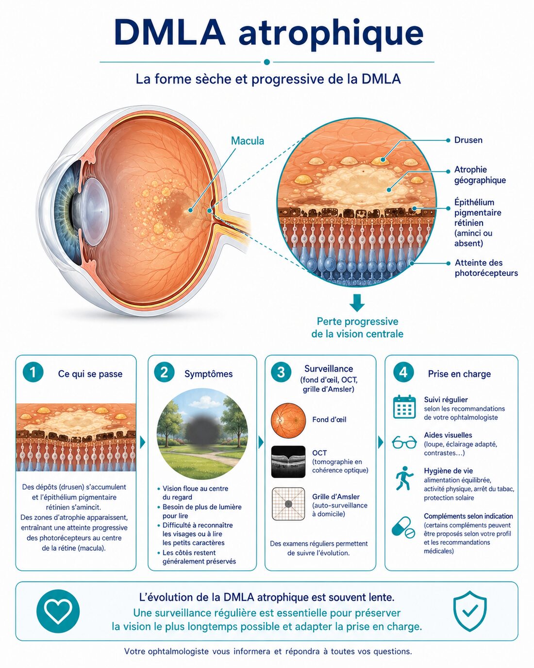 Infographie : DMLA atrophique (sèche) — drusen, surveillance