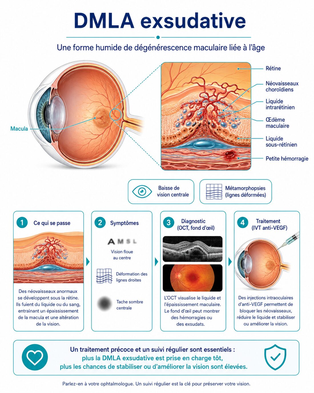 Infographie : DMLA exsudative (humide) — néovaisseaux, symptômes, injections anti-VEGF