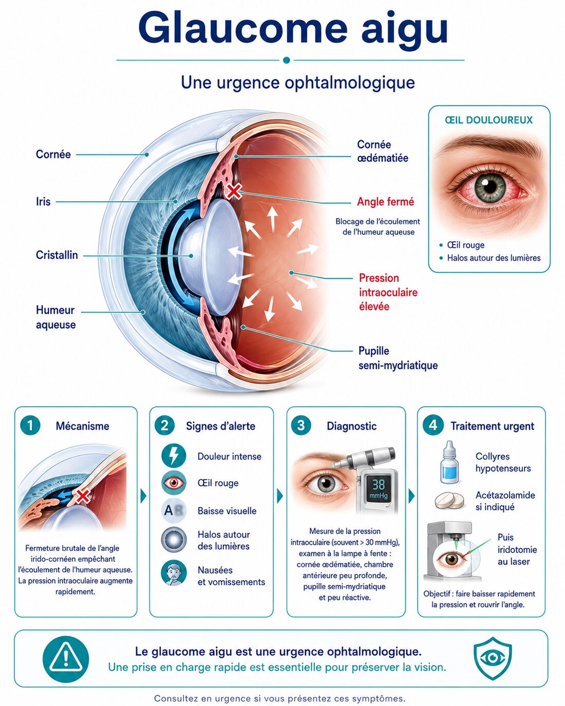 Infographie : glaucome aigu par fermeture de l’angle — mécanisme, signes d’alerte, traitement