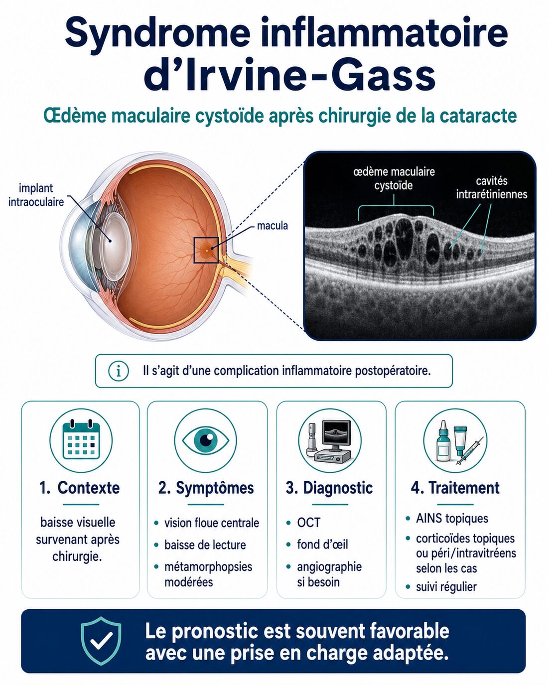 Infographie : syndrome d’Irvine-Gass — œdème maculaire après cataracte