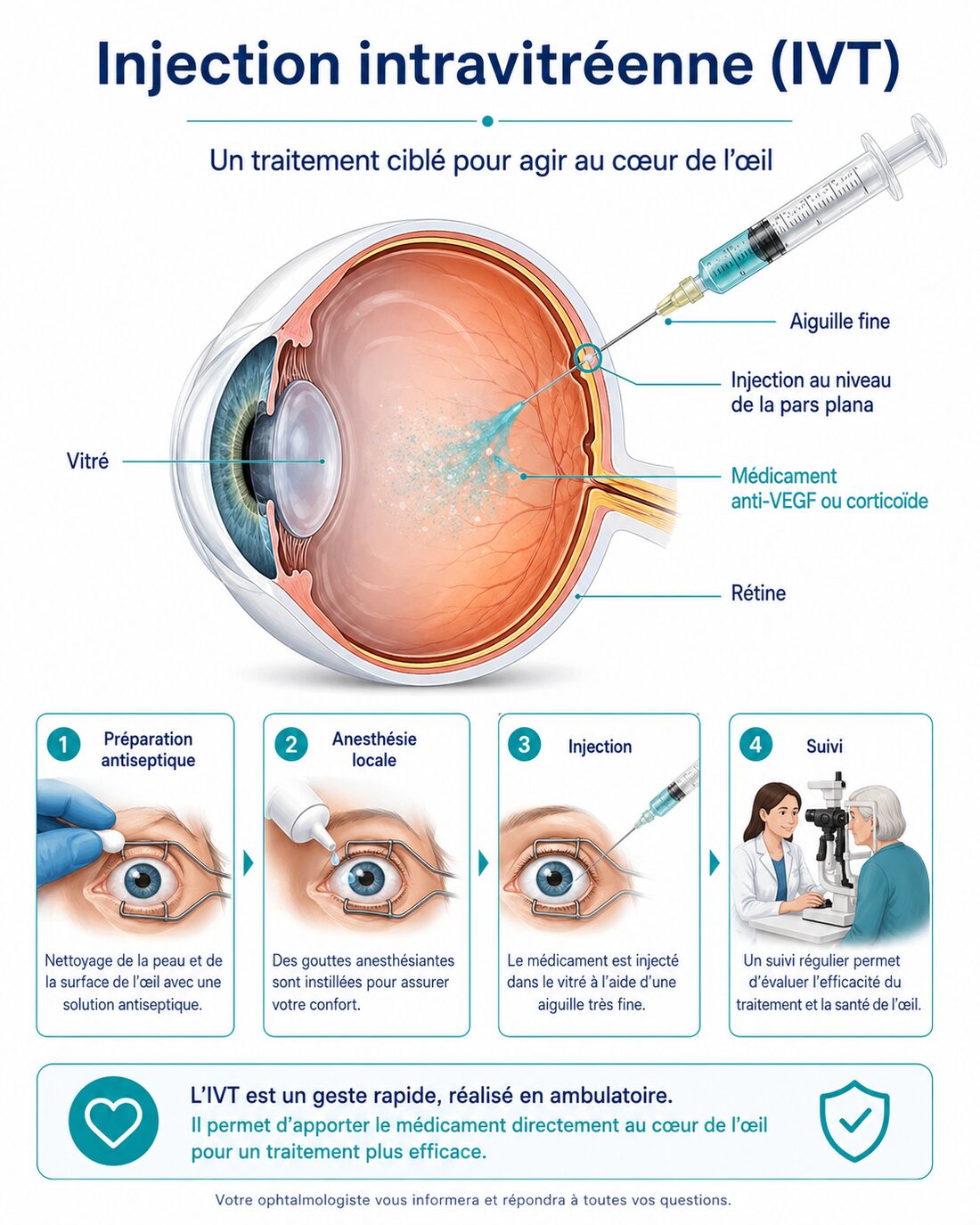Infographie : injection intravitréenne (IVT) — étapes du geste