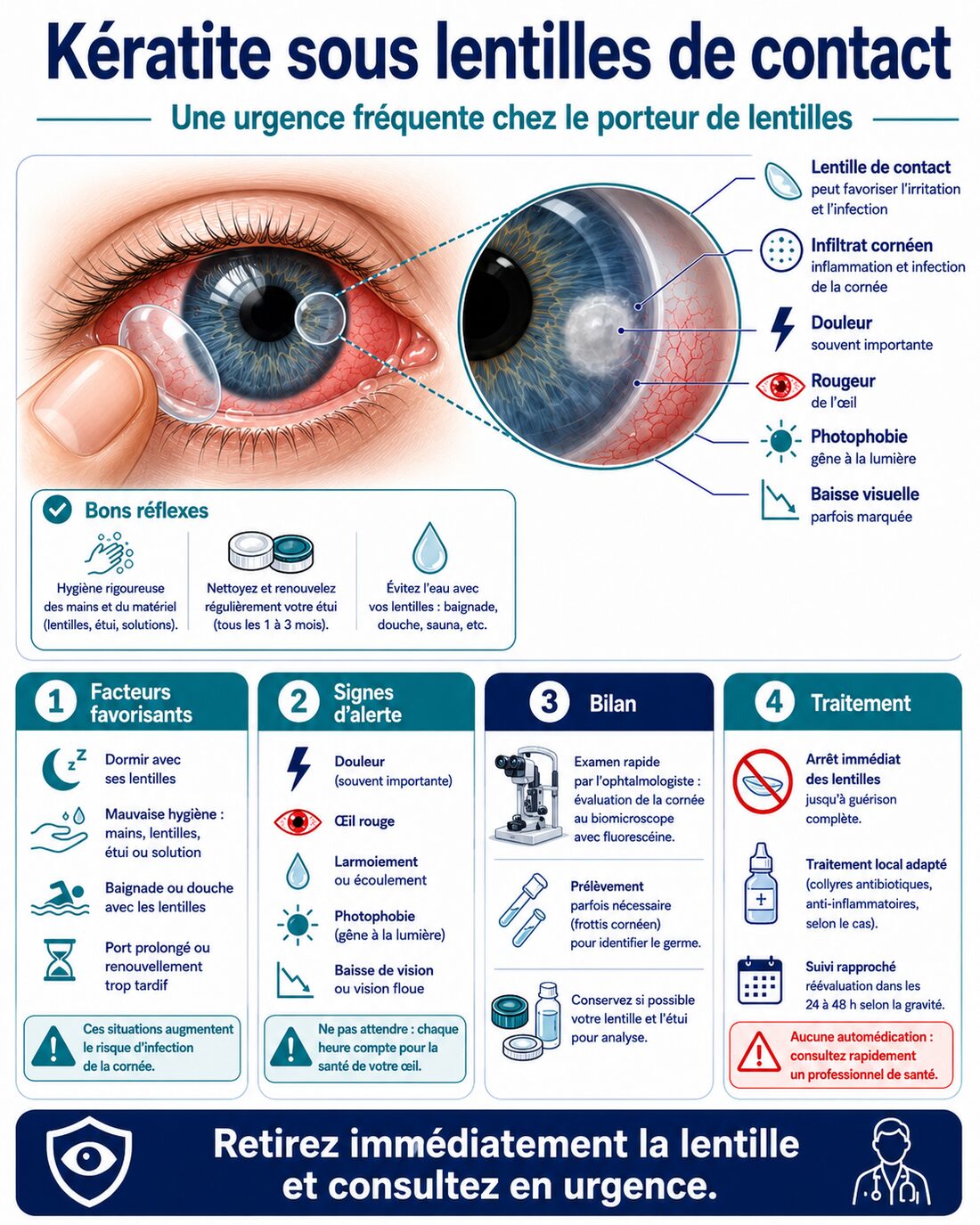 Infographie : kératite sous lentilles de contact — urgence, prévention
