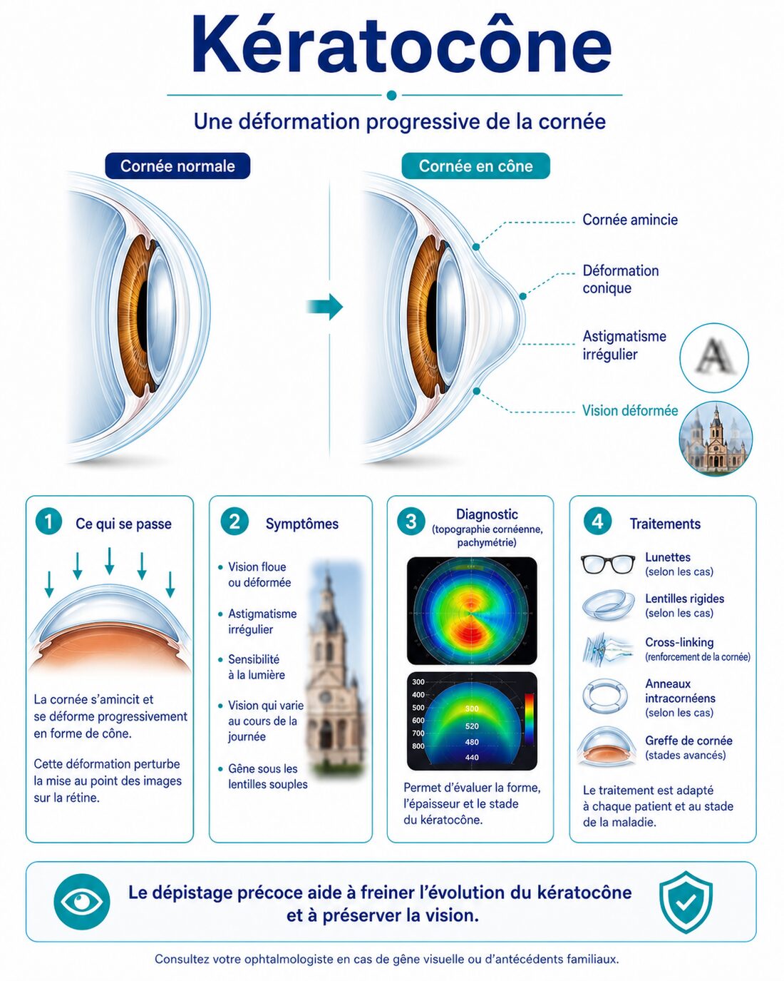 Infographie : kératocône — déformation de la cornée, traitements