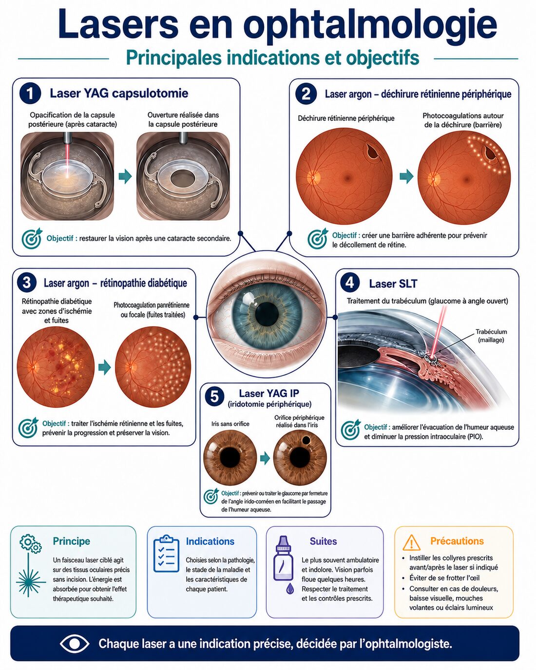 Infographie : lasers en ophtalmologie — YAG, argon (déchirure périphérique, rétinopathie), SLT, iridotomie