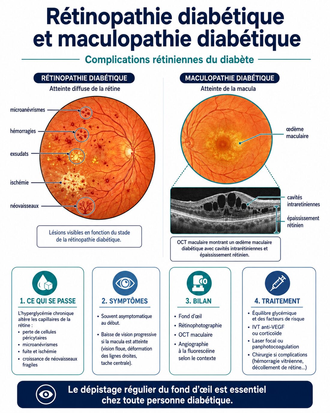 Infographie : rétinopathie et maculopathie diabétiques — stades, dépistage, traitement