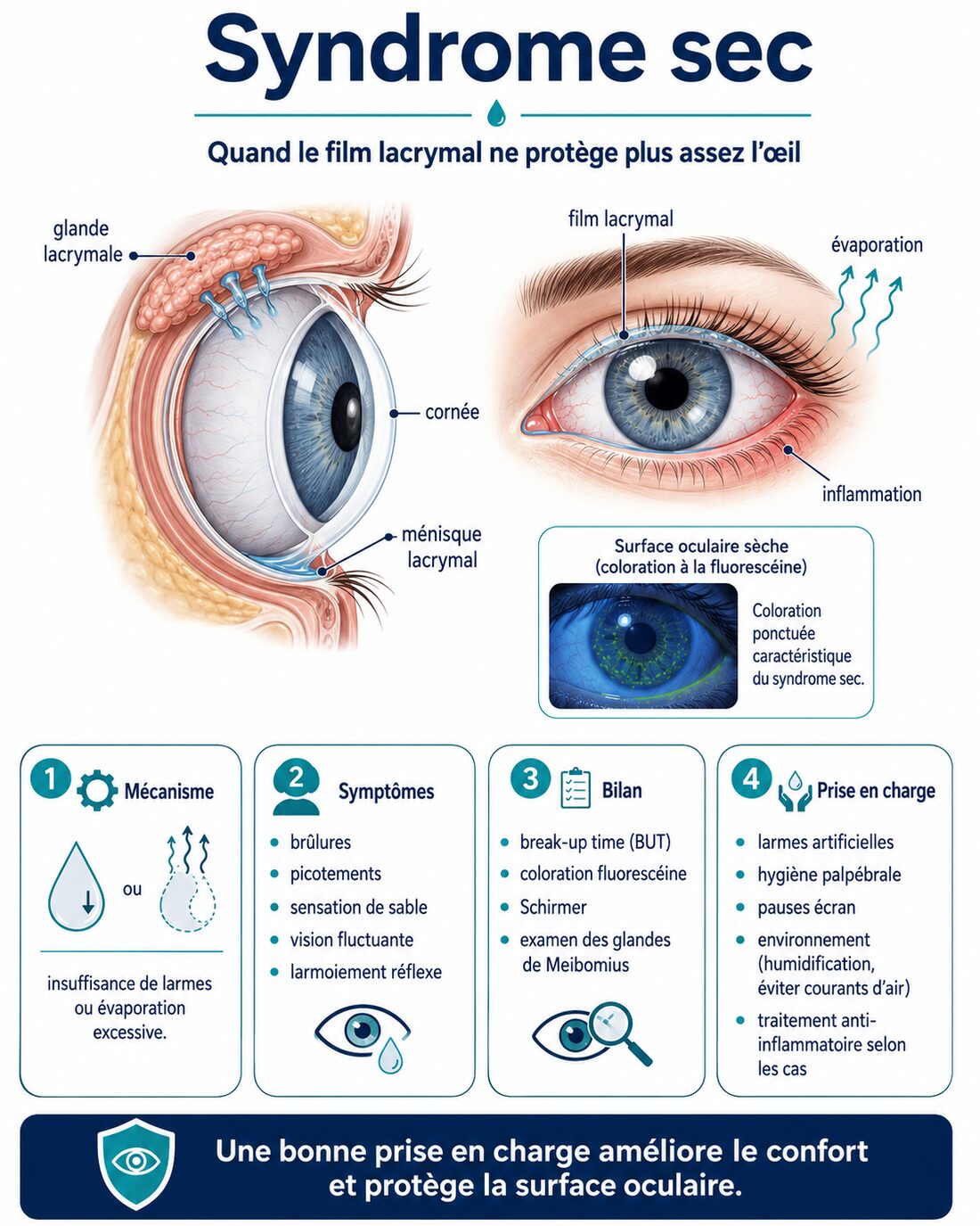 Infographie : syndrome sec (sécheresse oculaire) — film lacrymal, prise en charge